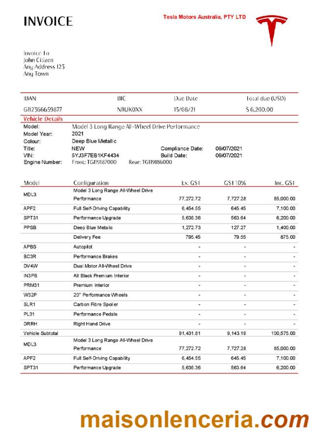 USA Tesla faktura słowo i PDF szablon